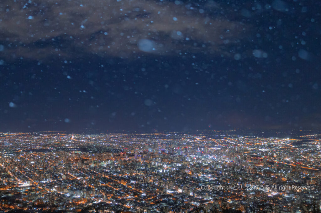 札幌もいわ山展望台から夜景と雪玉